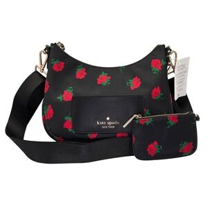 Kate Spade New York Black Rose Floral Print Nylon Convertible Shoulder Bag Pouch